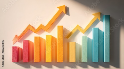 Free Download Colorful wooden bar chart with upward arrows showing growth - GFXLoad