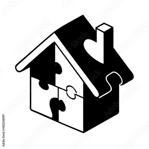 Conceptual home icon constructed from puzzle pieces, representing teamwork and solutions