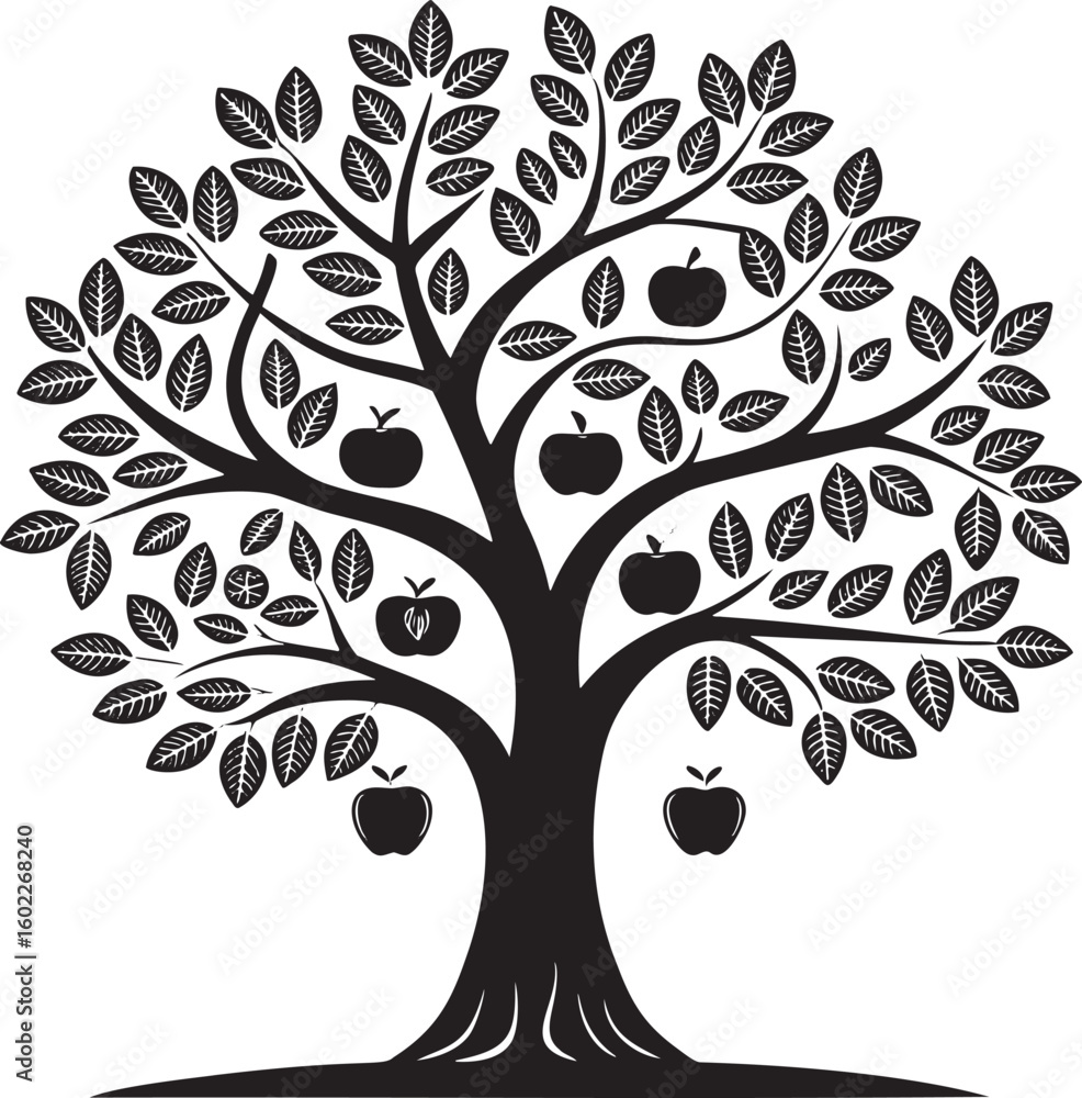 Obraz premium Black apple tree with leaves and fruit black and white