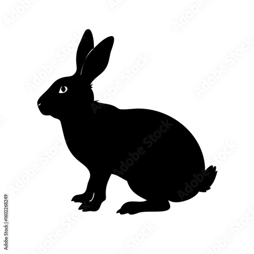Silhouette of a black rabbit on white background with attentive expression