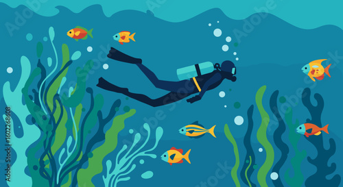 Scuba diver exploring coral reef with tropical fish illustration