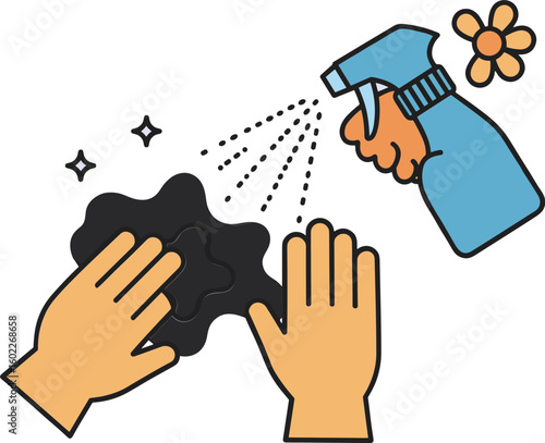 Suit dry-cleaning icon with hands cloth and sparkles