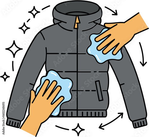Hands spot-cleaning gray jacket with cloths illustration