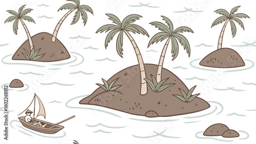 Tropical islands and sailboat on calm water palm tree