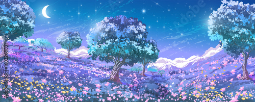 Night sky strewn with stars, towering mountains, blooming meadow and rare trees.