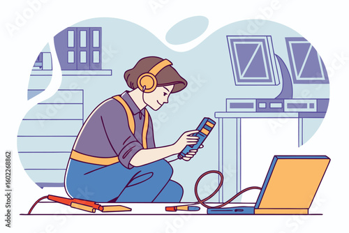 Technician working on electrical equipment in a workshop setting during the day with tools and devices around