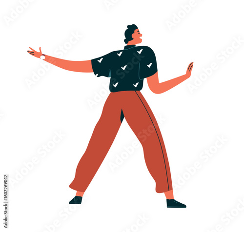 Man dancing with joy. Cheerful happy excited male character, view from behind...