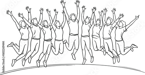 Energetic group of people jumping in celebration with arms raised