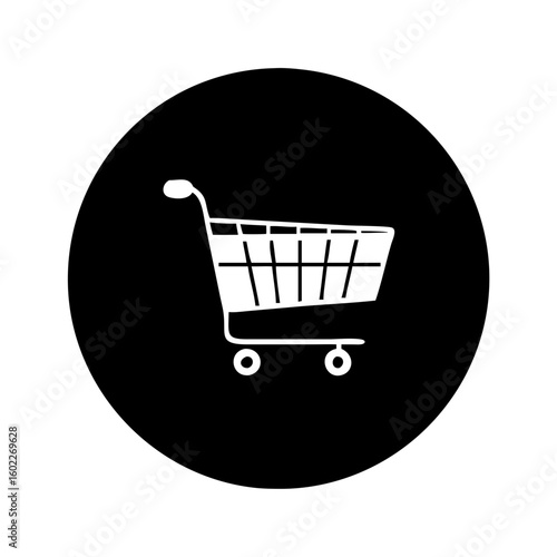 White shopping cart icon against a dark black background circle image