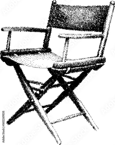 Director chair with armrest and backrest in vintage style. Foldable furniture vector illustration in black and white.
