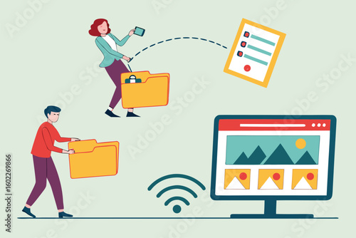 Data transfer and organization between two workers using digital devices in an office setting during daytime