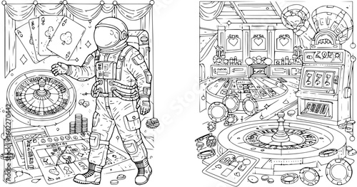 vector astronaut in casino black lines on white background .Generative AI
