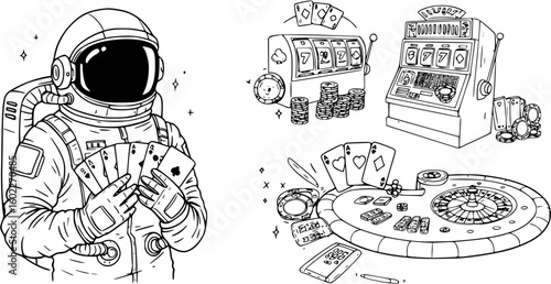 vector astronaut in casino black lines on white background .Generative AI
