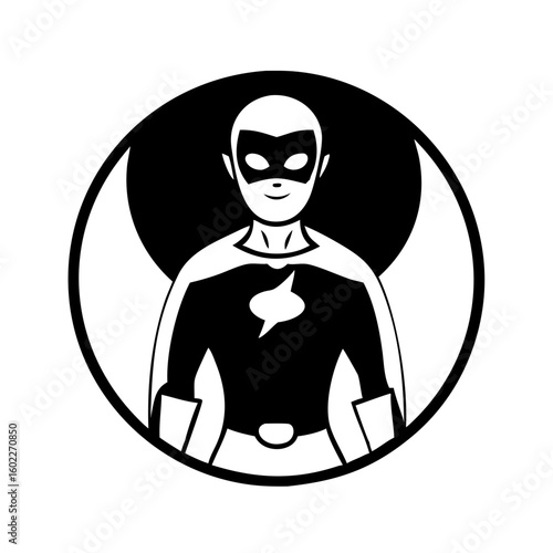 Monochrome Superhero Character with Cape and Eye Mask in a Circular Frame