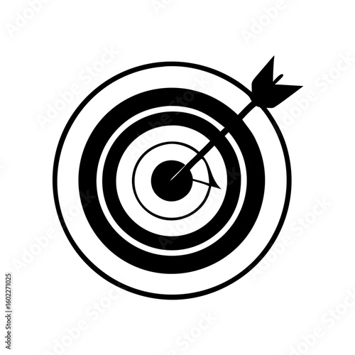 Arrow hitting the bullseye in a target black and white image