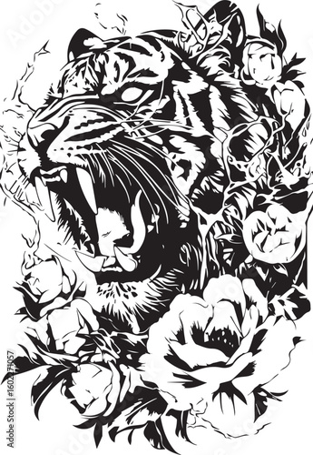 Tiger head tattoo with flowers vector illustration of a powerful wild feline face design
