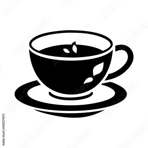 Elegant black and white silhouette of a teacup with tea leaves design