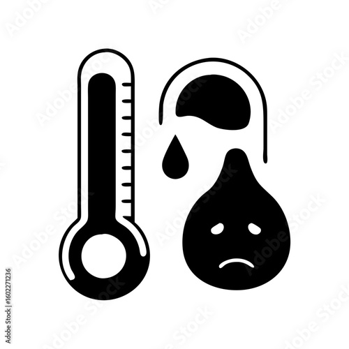 Black and White Illustration Showing Thermometer and Sweating Face Indicating Fever