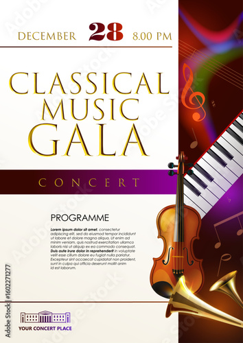 Classical music concert, festival, contest advertising poster template. Stylized music notes, violin, piano keys, brass wind instruments, five lines stave, treble clef.  Abstract background