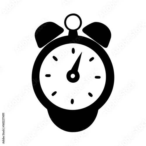 Black and white alarm clock showing ten minutes after one o'clock