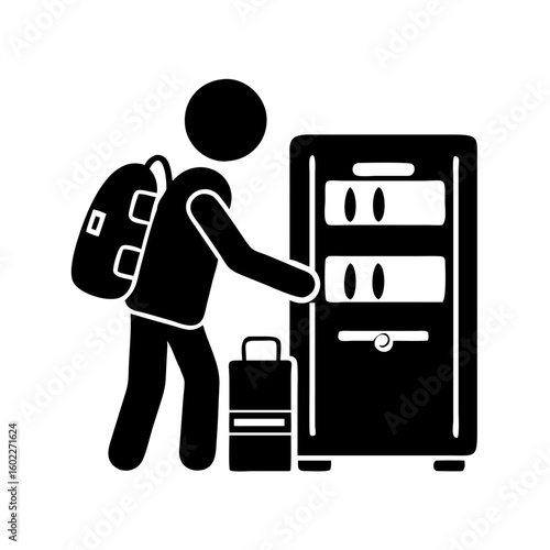 Traveler with backpack and luggage using automated locker system for safekeeping