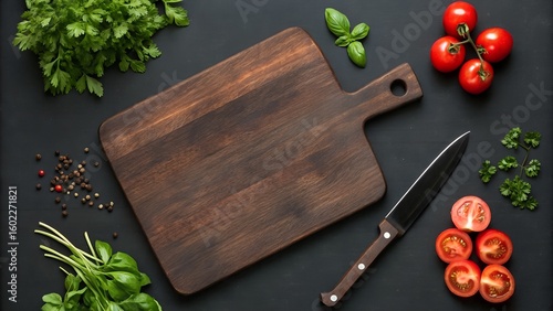 Dark wooden cutting board with fresh herbs and knife on black background