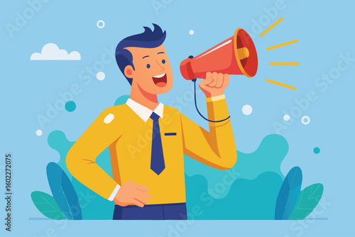 Person excitedly using a megaphone to announce information in a vibrant outdoor setting during a sunny day