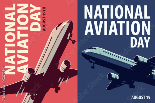 National Aviation Day poster pack. Vector illustration collection with airplane, aircraft for postcard, invitation, celebration, brochure in retro, vintage style
