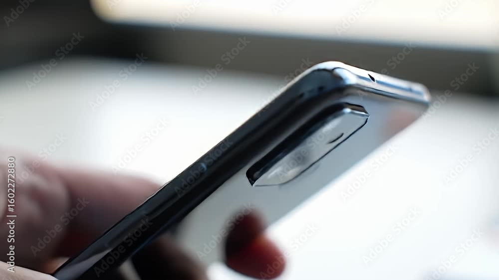Close-up of the top of a sleek, dark handheld device with dual camera module and smooth edges Close-up of the top of a sleek, dark handheld device with dual camera module and smooth edges