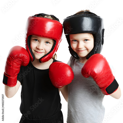 Happy children in red boxing gloves and black headgear and  playful sparring mood and  energetic expression and  isolated white background Batch  realistic clean bright simple modern stock image isola