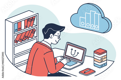 Person working at a desk with bookshelves, engaging with cloud technology, and analyzing data charts with a laptop during daytime