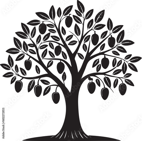 Black silhouette of a fruit bearing tree leaves branches