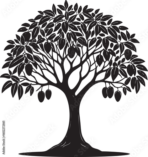 Black silhouette of a fruit bearing tree white