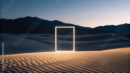 Neon rectangle in desert landscape at dusk with mountain background