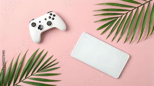Modern Gaming and Technology Flat Lay with Palm Leaves on Pink Background