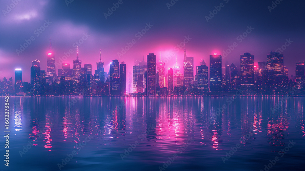 Fototapeta premium Neon Cityscape Reflection: Pink and Purple Night Skyline over Calm Water