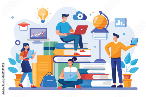 Study session featuring students collaborating on projects among stacks of books and study materials in a creative learning environment