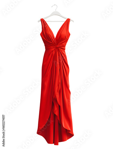 vibrant red elegant dress displayed on a hanger or mannequin, centered against a clean transparent background, no human figure