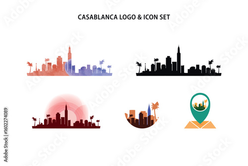 Casablanca skyline vector logos, icon set. Pack of cityscape contour, abstract silhouettes. Isolated graphic collection for Morocco city