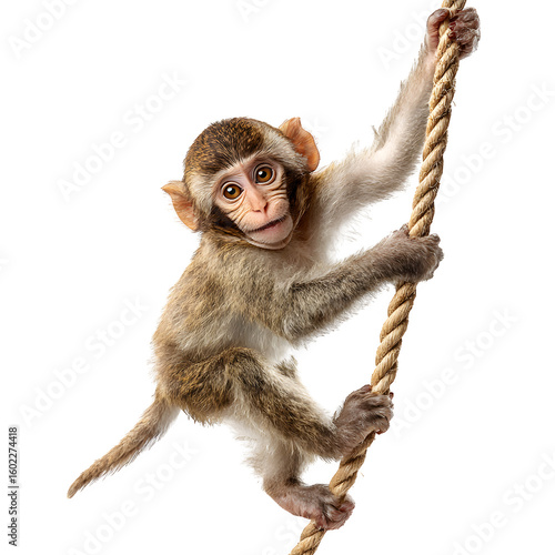 Happy monkey hanging from a rope and  playful expression and  dynamic pose with one arm stretched and  isolated white background Batch  realistic clean bright simple modern stock image isolated on pla