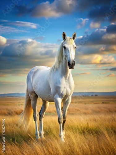 Elegant white horse standing alone in open field with sound of joyful neigh