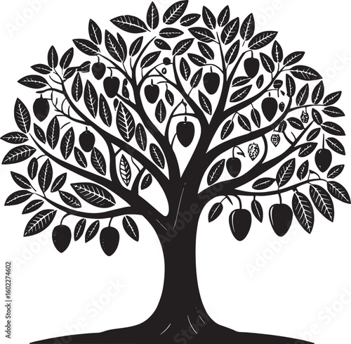 Fruit bearing tree with detailed leaves branches black and white