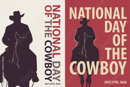 National Cowboy Day poster pack. Vector illustration collection with cowboy on a horse silhouette for postcard, event announcement, campaign, brochure in retro, vintage style