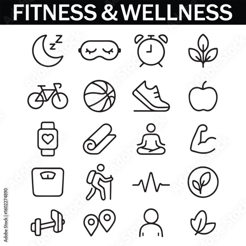 Healthy Lifestyle Vector Icon Set with Adjustable Line Weight Featuring Fitness, Nutrition, Exercise, Wellness, Sleep, Yoga, Meditation, Heart Rate, Gym, Hiking, Cycling, Sports, and Health Monitoring