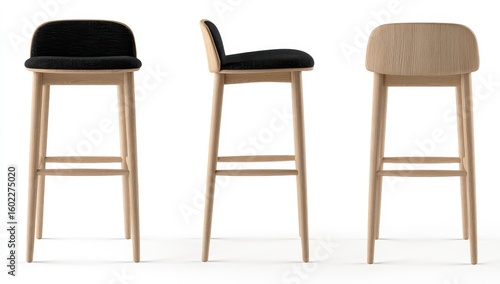 Three-view of a light-wood bar stool with dark-fabric seat