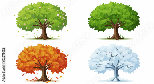Four illustrations of trees representing the different seasons: spring, summer, autumn, and winter.