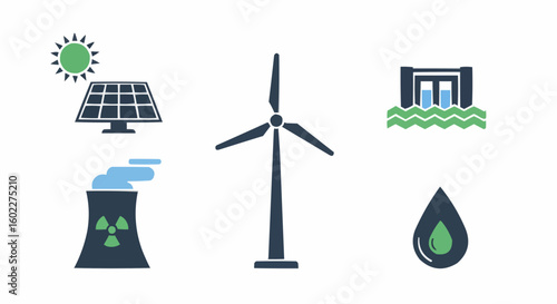 Iconic illustration depicting various sources of energy generation, including renewable and non-renewable options.