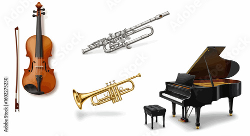 Violin, trumpet, flute, and piano, musical instruments displayed on a white background.