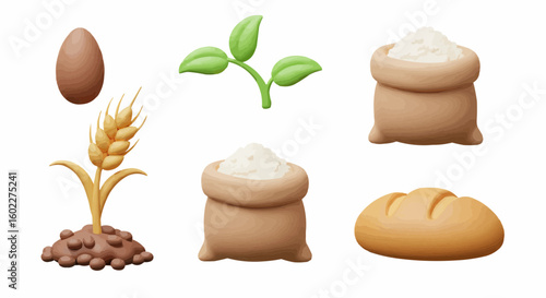 From wheat seed to flour and bread:  A 3D illustration of the bread-making process.