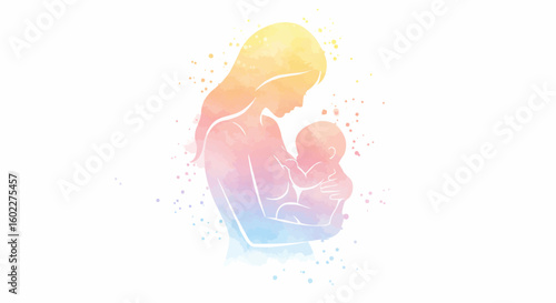 Watercolor illustration of a mother holding her baby, depicting maternal love and bonding.